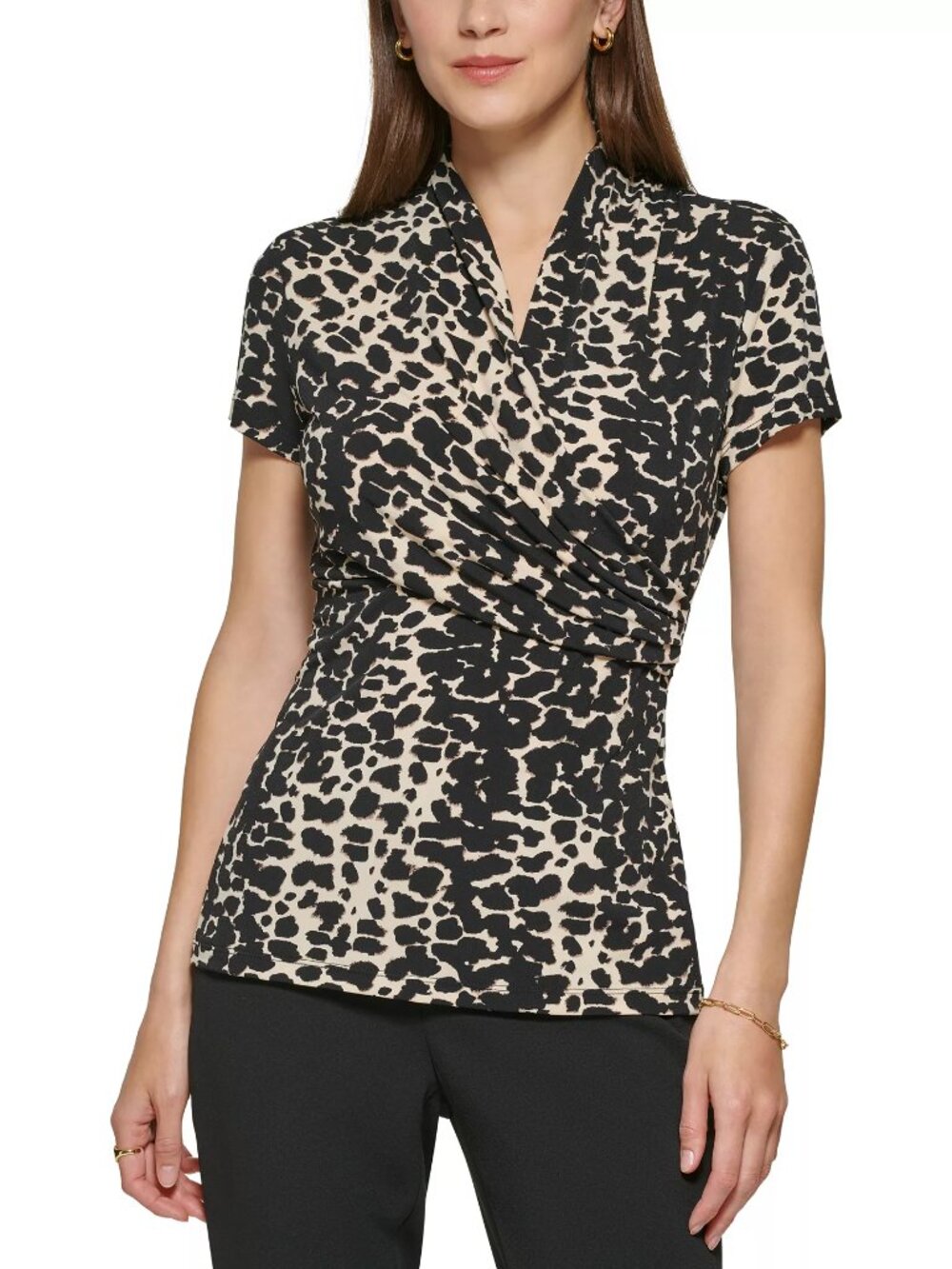DKNY Petite Animal-Print Draped Surplice Blouse Meduim, EUC